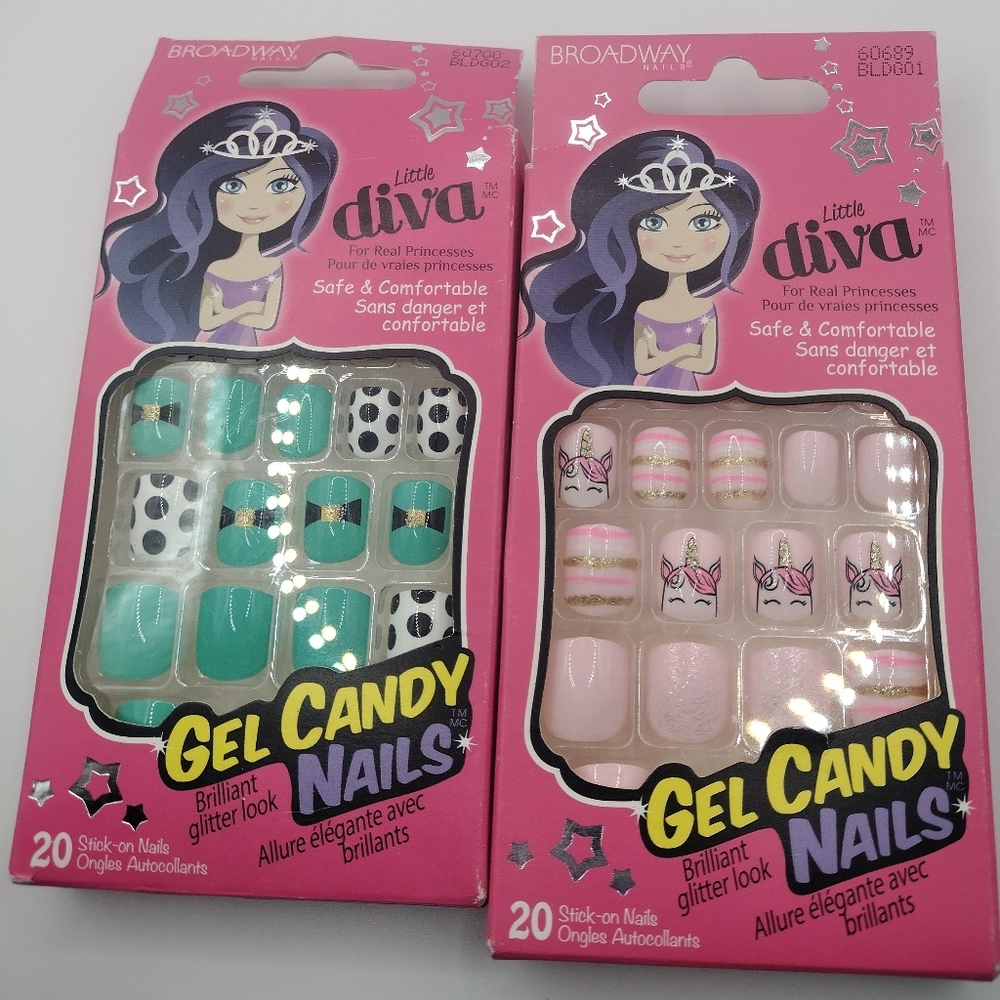 Lot of (2) Little Diva Girl's Press On Nails Unicorn and Dots